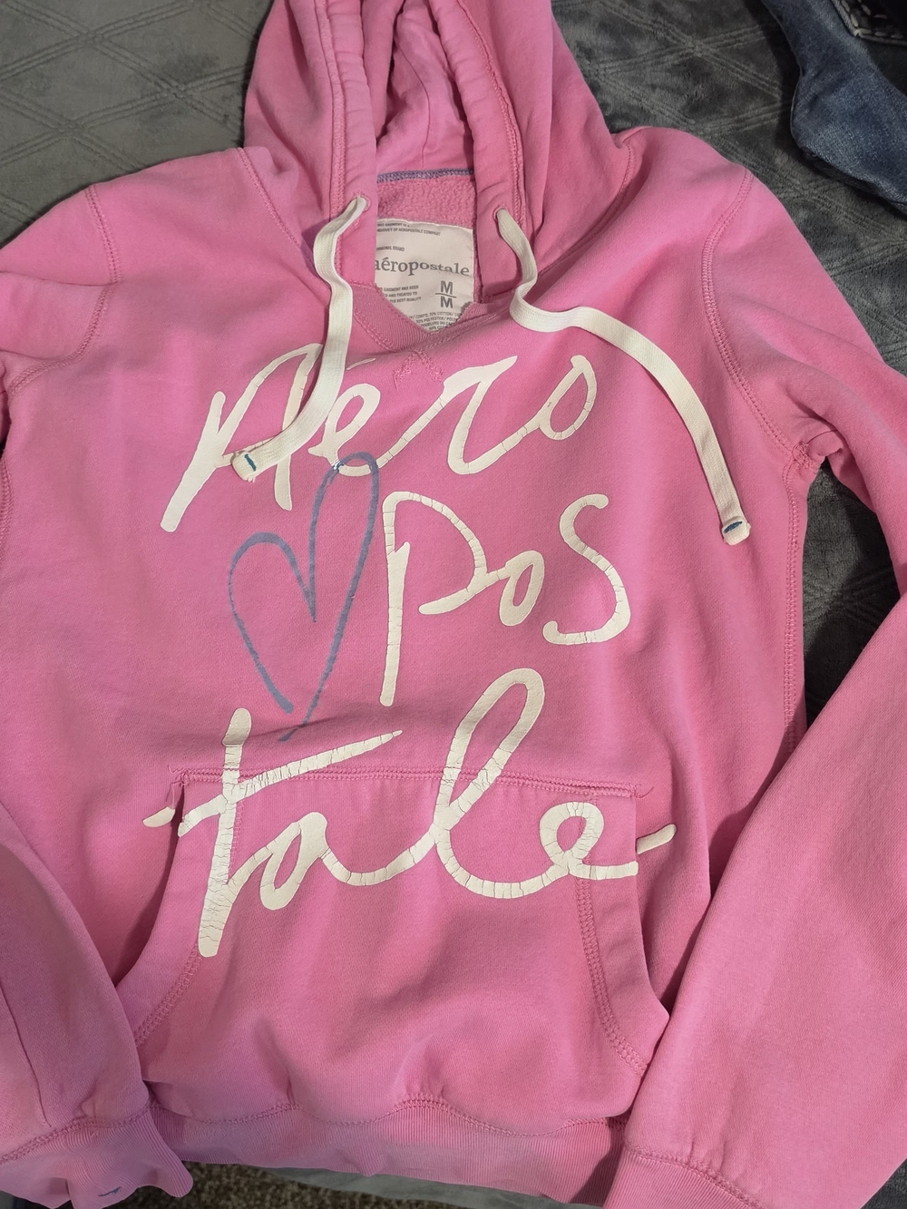 Aeropostale Pink Hoodie Sweater with White Script and Blue Heart